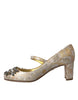 Dolce & Gabbana Gold Jacquard Crystal Mary Janes Pumps Shoes